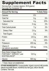 Scooped Brain Body Collagen Powder being added to a beverage (Creamy Natural Chocolate flavor)