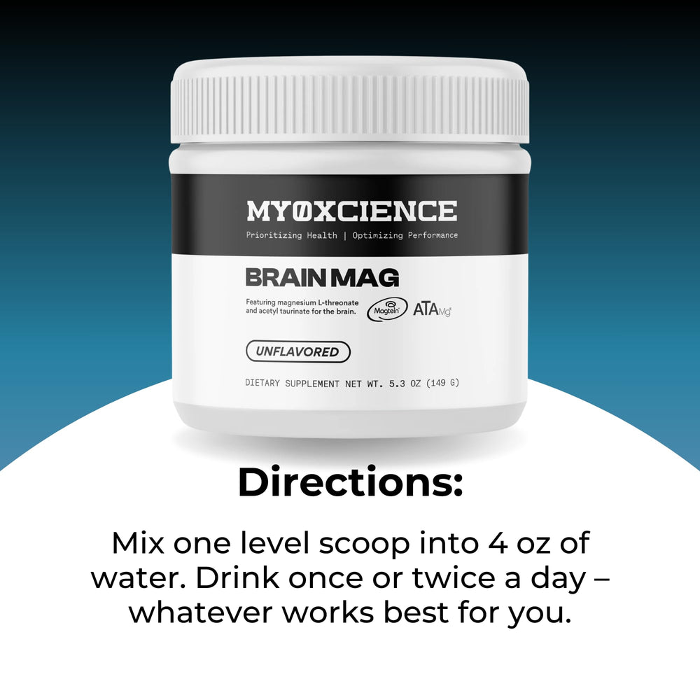 Product packaging and scoop with Brain Mag powder
