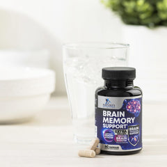 Brain Memory Supplement capsules with ingredients layout