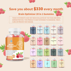 Nutrition facts panel for Brain Optimizer Gummies Raspberry flavor.