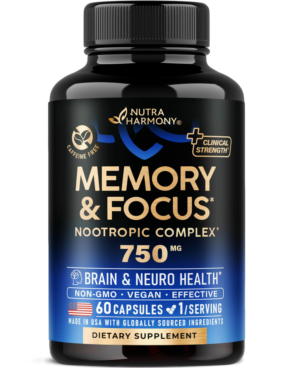 Brain supplement bottle labeled memory & focus 750 mg with 60 capsules
