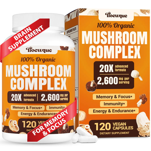 20-in-1 mushroom complex hero image featuring Lion's Mane and Reishi capsules