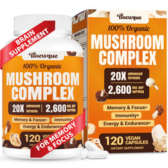 20-in-1 mushroom complex hero image featuring Lion's Mane and Reishi capsules