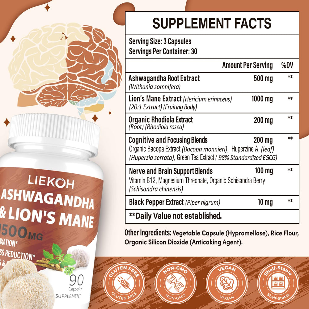 Brain-support capsules featuring Ashwagandha and Lions Mane