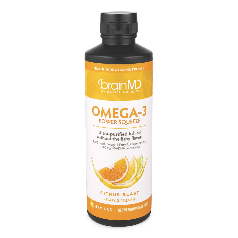 Front label of BRAINMD Dr Amen Omega-3 Power Squeeze Citrus Blast 16.8 oz bottle