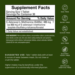 Close-up of BrainMD SAMe 400 mg label for gluten-free tablets