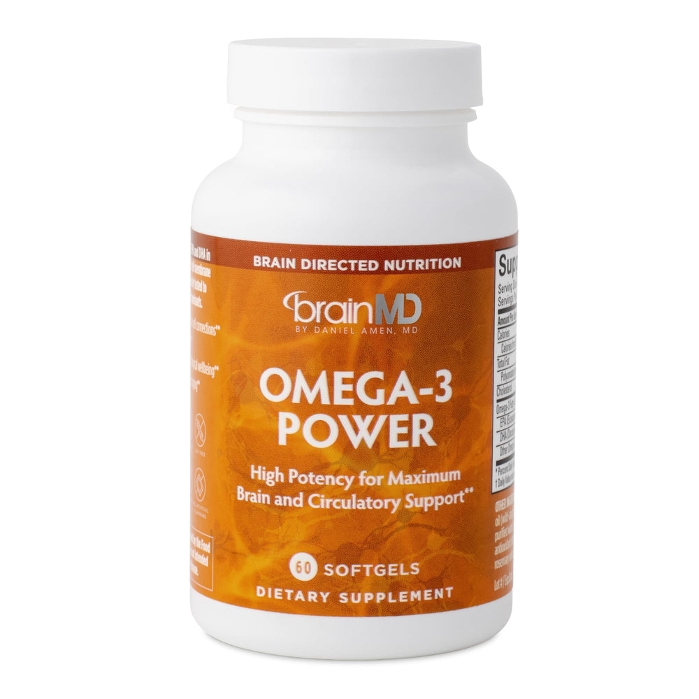 BrainMD Omega-3 Power bottle and capsules on a white background