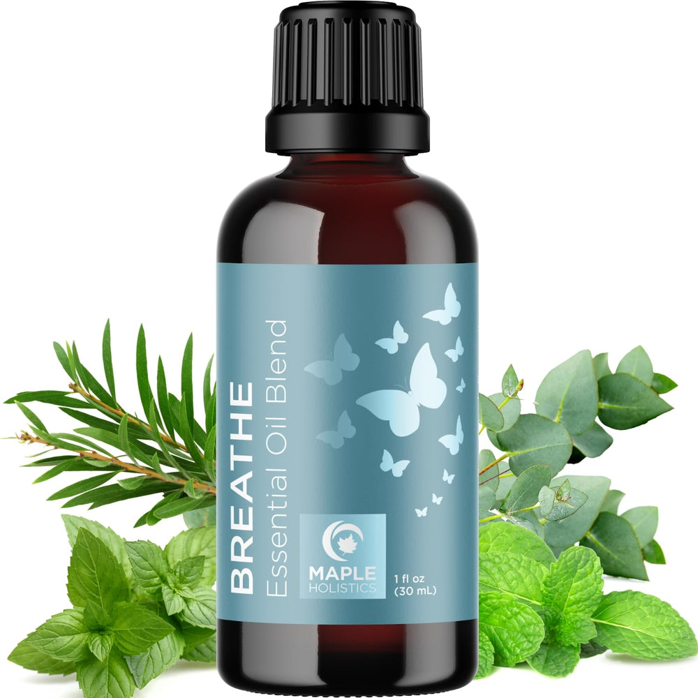 1 fl oz bottle of Breathe essential oil for diffuser with eucalyptus peppermint tea tree