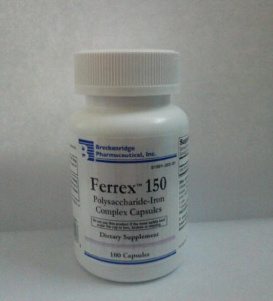 Breckenridge Ferrex 150 Polysaccharide Iron Complex capsules bottle front view
