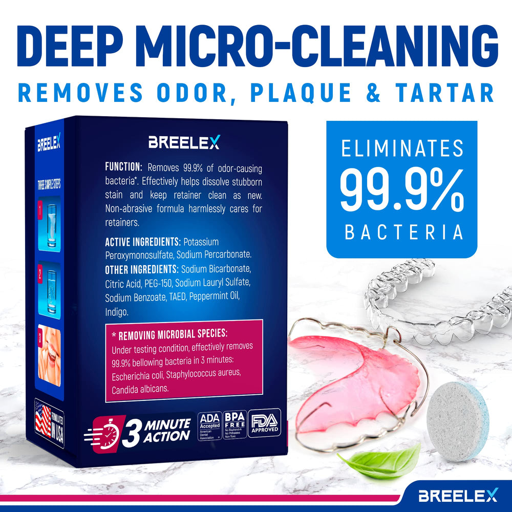 Graphic illustrating Breelex dental appliance cleaner tablets for dentures and guards