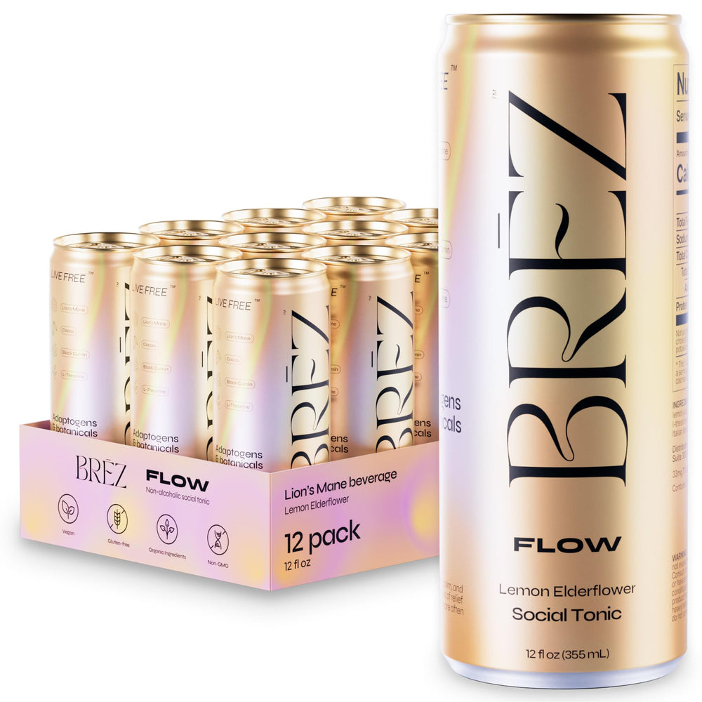 Front view of BRĒZ Flow Lion’s Mane Drink 12-pack