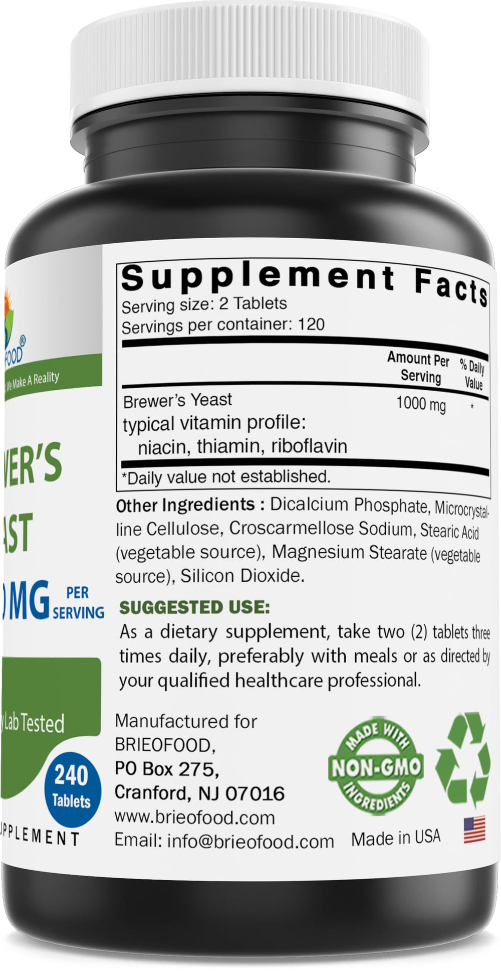 Close-up of Brieofood Brewers Yeast label indicating 1000 mg per serving
