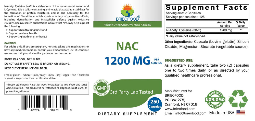 USA-made Brieofood NAC supplement bottle with GMP certification
