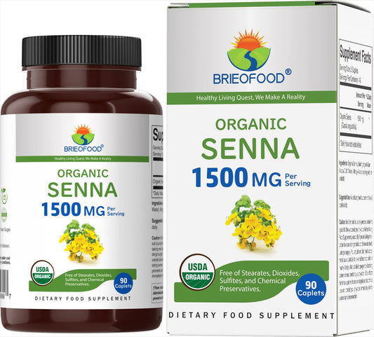 Brieofood Organic Senna bottle on counter highlights 1500mg potency per serving