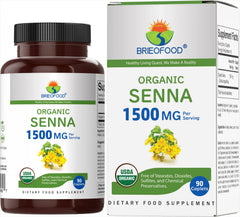 Brieofood Organic Senna bottle on counter highlights 1500mg potency per serving