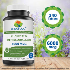 Close-up of the Brieofood Vitamin B-12 methylcobalamin label highlighting features