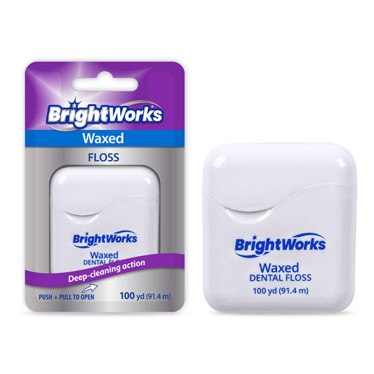 BrightWorks Waxed Dental Floss packaging front - 4 x 100 yards