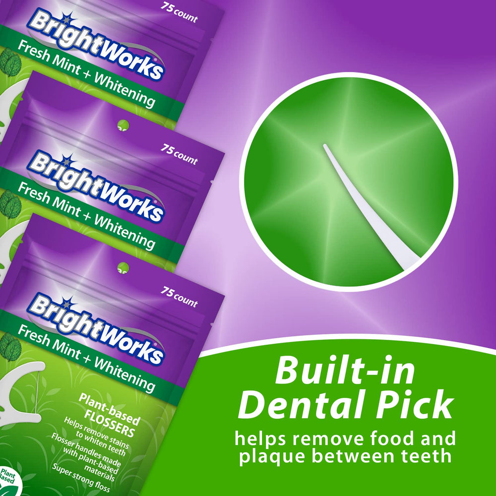Side view of BrightWorks mint whitening flossers in packaging.