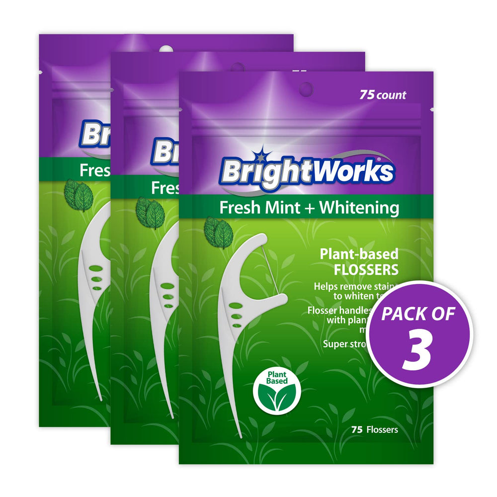 Eco-friendly plant-based handles on BrightWorks dental flossers.