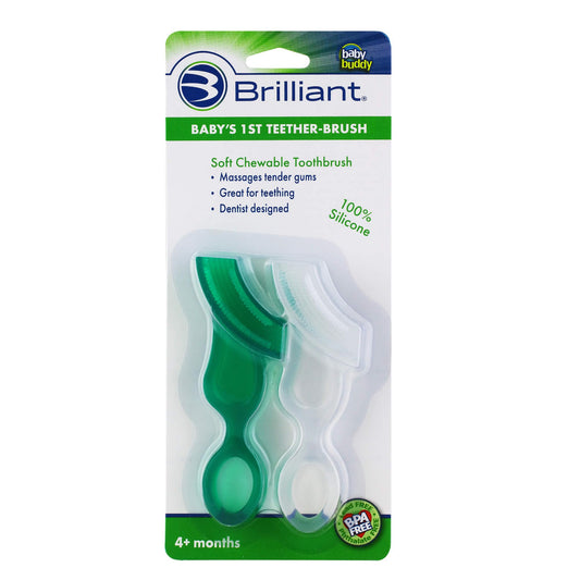 Brilliant Oral Care Baby’s First Toothbrush front view with smooth silicone bristles in green and clear