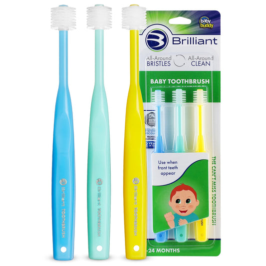 Three-pack Brilliant Oral Care Baby Toothbrush set in blue, mint and yellow colors
