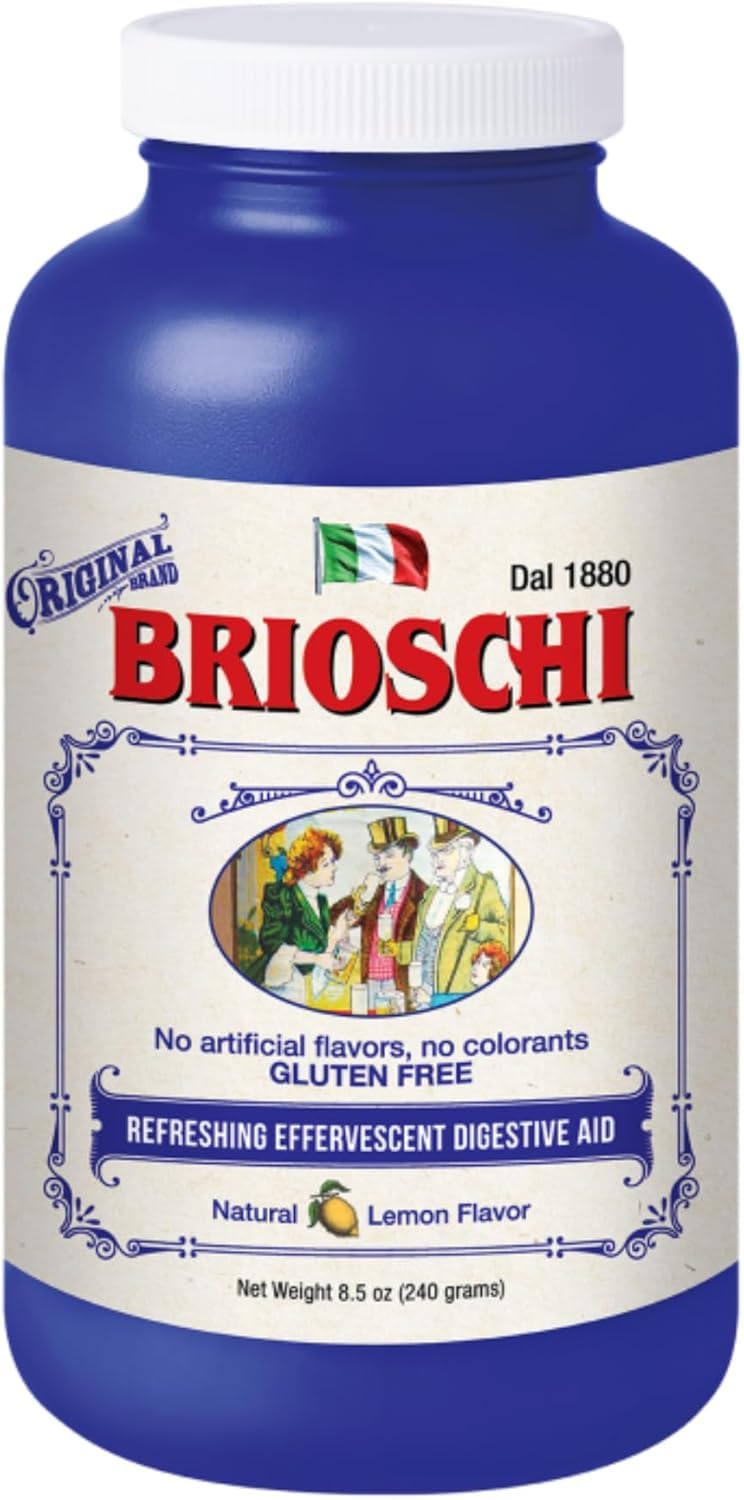Brioschi lemon effervescent bottle shown ready for mixing to ease after meals.