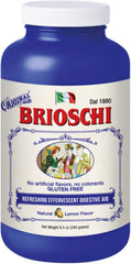Brioschi lemon effervescent bottle shown ready for mixing to ease after meals.