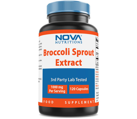 Nova Nutritions Broccoli Sprout Extract 1000 mg bottle and capsules