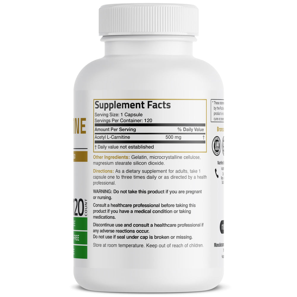 Bottle label for Bronson Acetyl L-Carnitine 500 mg