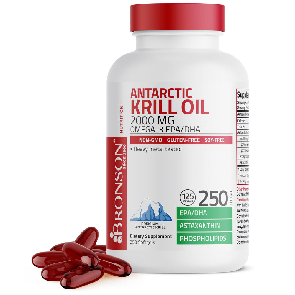 Bronson Antarctic Krill Oil bottle with 250 softgels