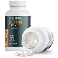 Magnified view of mini Biotin tablet cap showing 5,000 MCG