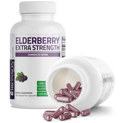 Vegan and non-GMO badges for Bronson Elderberry Extra Strength