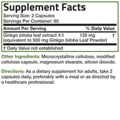 Ingredients and supplement facts panel for Bronson Ginkgo Biloba