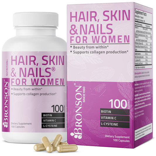 Bronson Hair Skin Nails Biotin Extra Strength bottle on white background