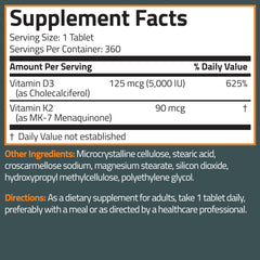 One-year supply bottle (360 tablets) of Bronson K2 D3 MK-7