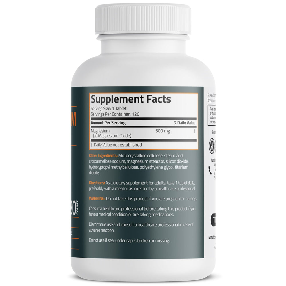 Close-up of Bronson Magnesium 500mg vegetarian tablets