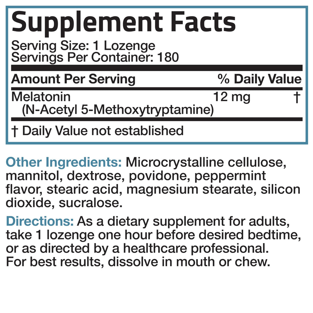 Supplement facts panel for Bronson Melatonin 12mg lozenges