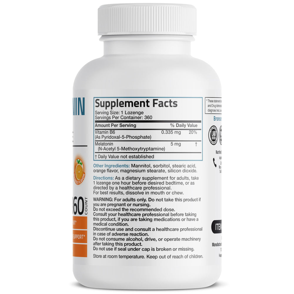 Back label of Bronson Melatonin 5mg lozenges bottle