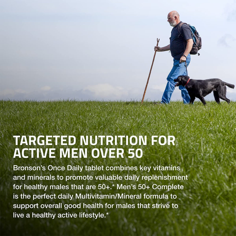 Close-up of Bronson ONE Daily Men's 50+ tablets