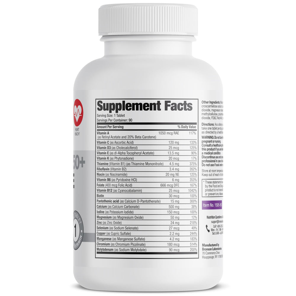 Close-up of label highlighting vitamins and minerals for 50+ women