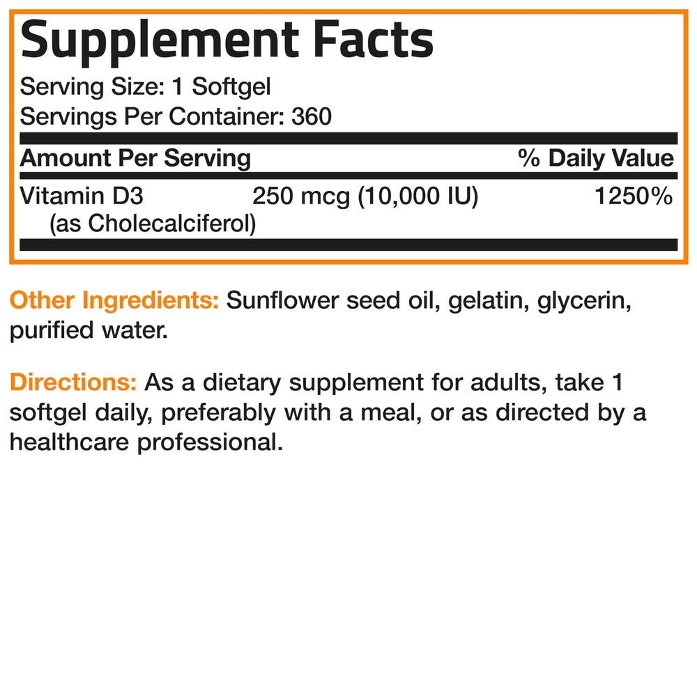Supplement facts panel of Bronson Vitamin D3 bottle