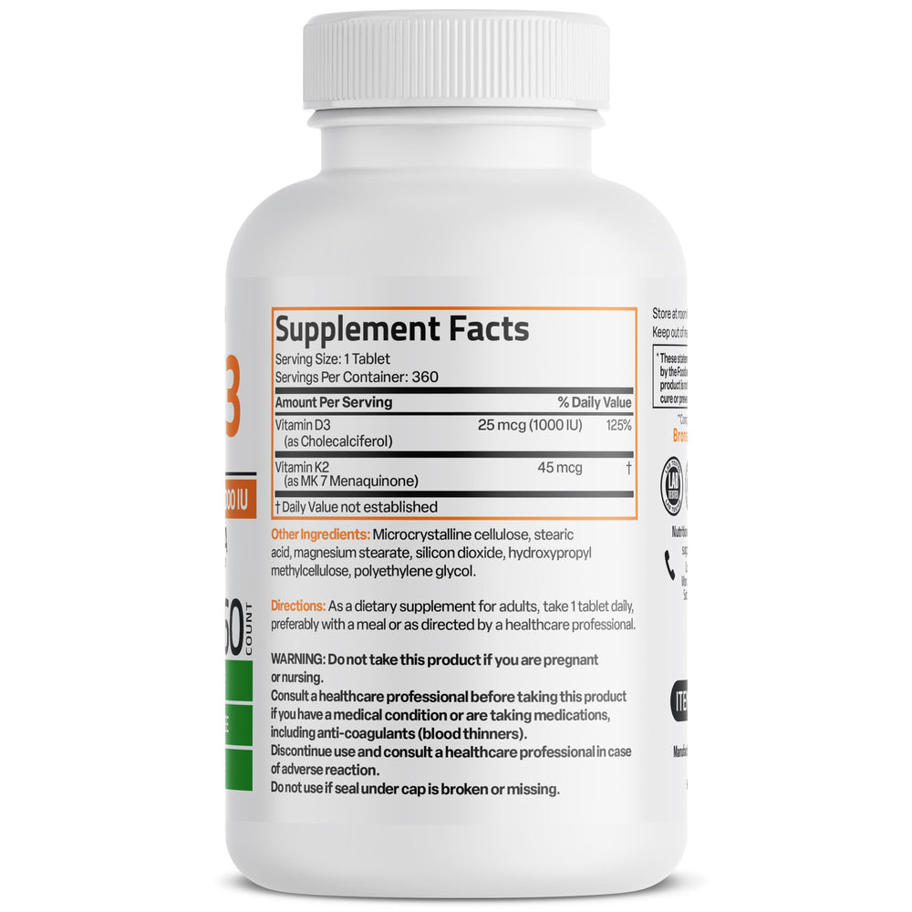 Bronson Vitamin K2 MK-7 with D3 Minis bottle – back label