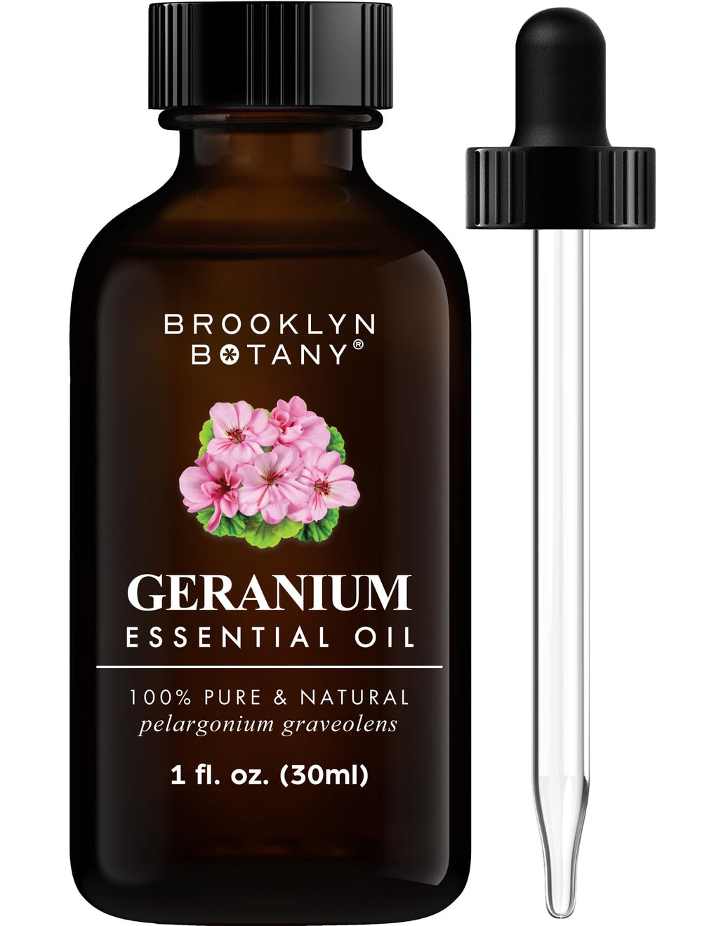 Amber glass bottle of Brooklyn Botany Geranium Essential Oil