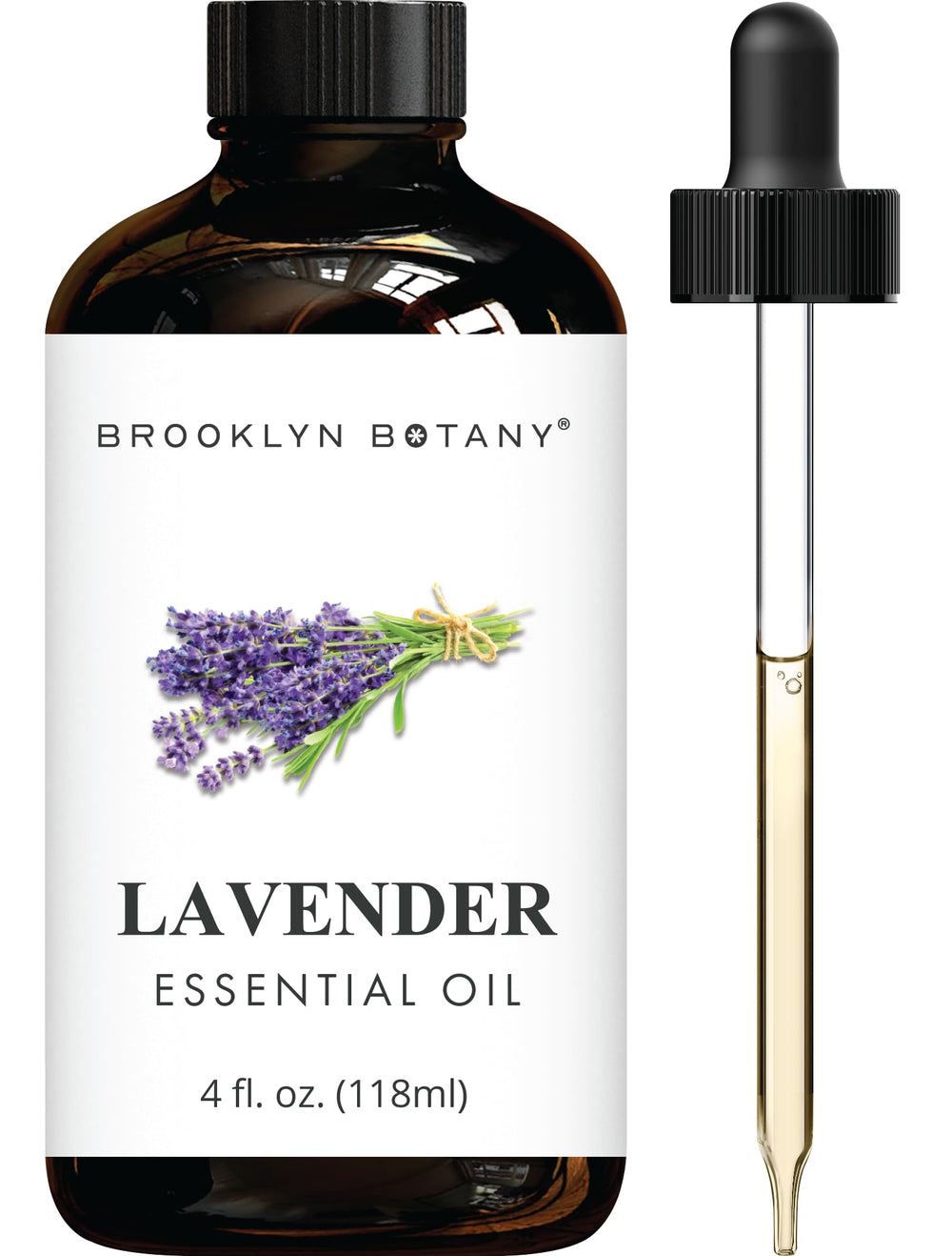 Brooklyn Botany Lavender Essential Oil in a 4oz amber bottle with dropper