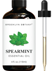 Spearmint essential oil bottle, 4 oz, amber glass with dropper