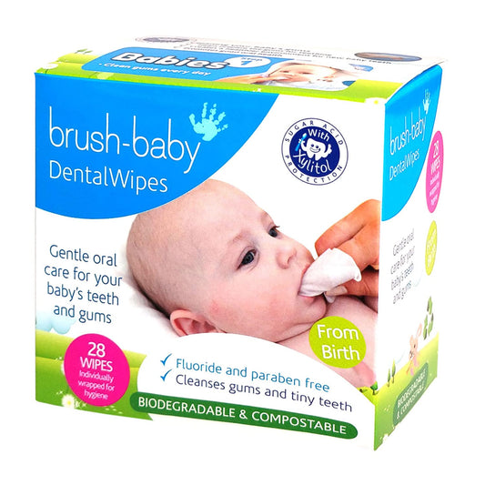 Front view of Brush Baby Teething Relief Dental Wipes packaging