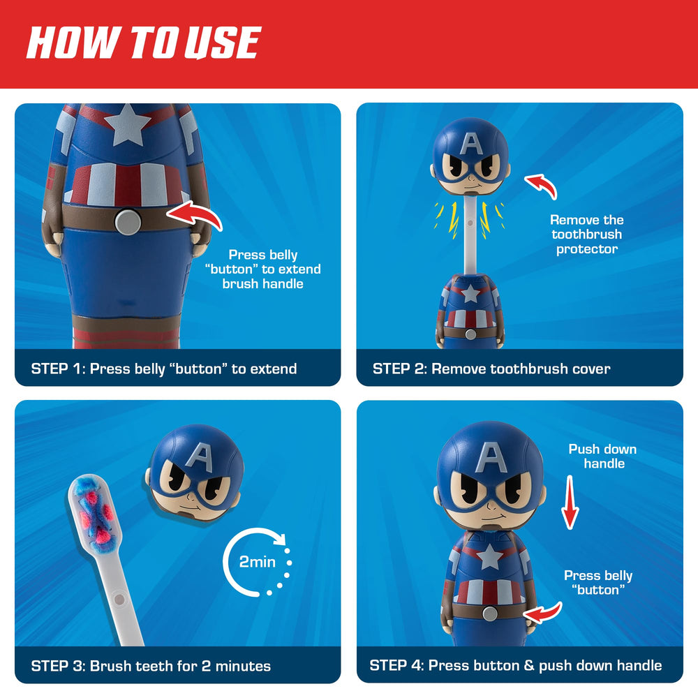 Product packaging for Brush Buddies Captain America toothbrush