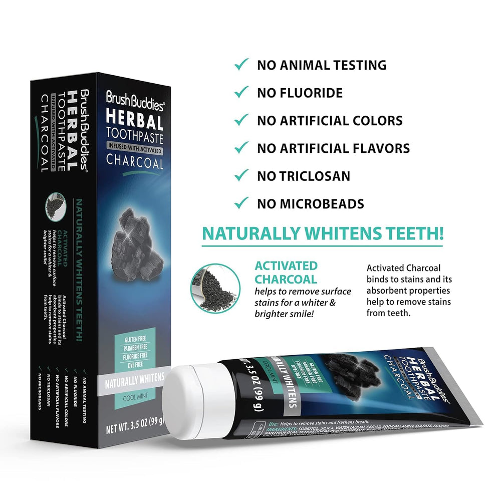 Cool mint flavored Brush Buddies Herbal Charcoal Toothpaste tube