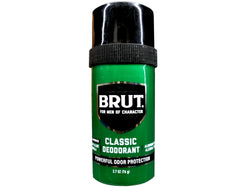 BRUT Classic Round Deodorant Stick on a desk setting for office protection.
