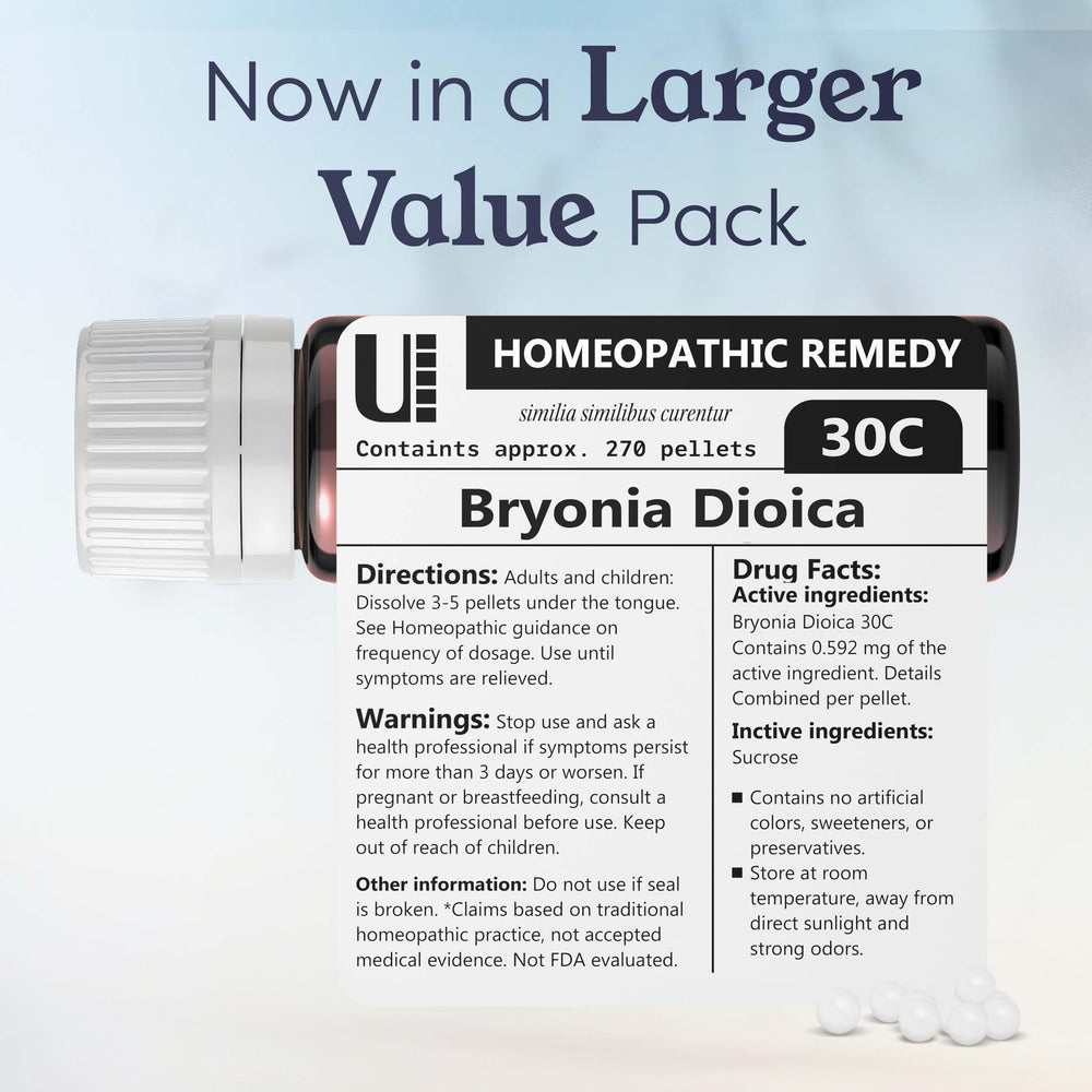 Packaging shows 270 pellets equal 90 doses for Bryonia Dioica 30C